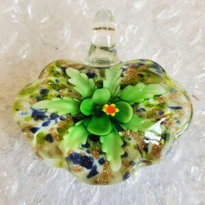 Vtg Handmade Glass Pendant with Gold Flecks. Florals Lamp-work Murano Technique